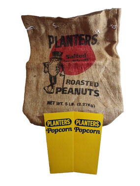 Planters Mr Peanut Vintage Burlap Roasted Nut 5 Pound Bag Sack + Popcorn Holder